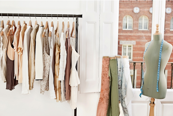 clothing rack, mannequin, and bolts of fabric in warm colors like cream, brown, and sage green 