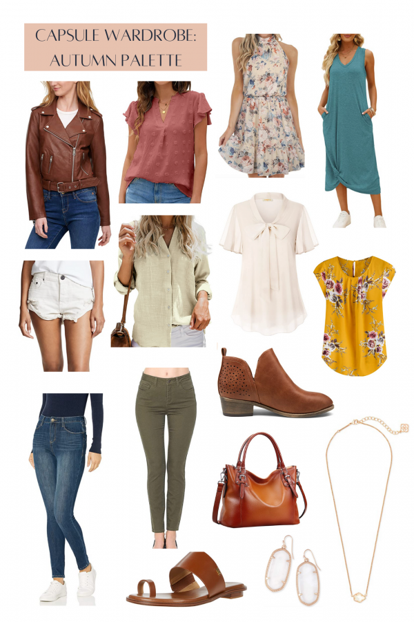 example capsule wardrobe for women in autumn color palette with brown, cream, teal, army green, gold, and rose gold jewelry